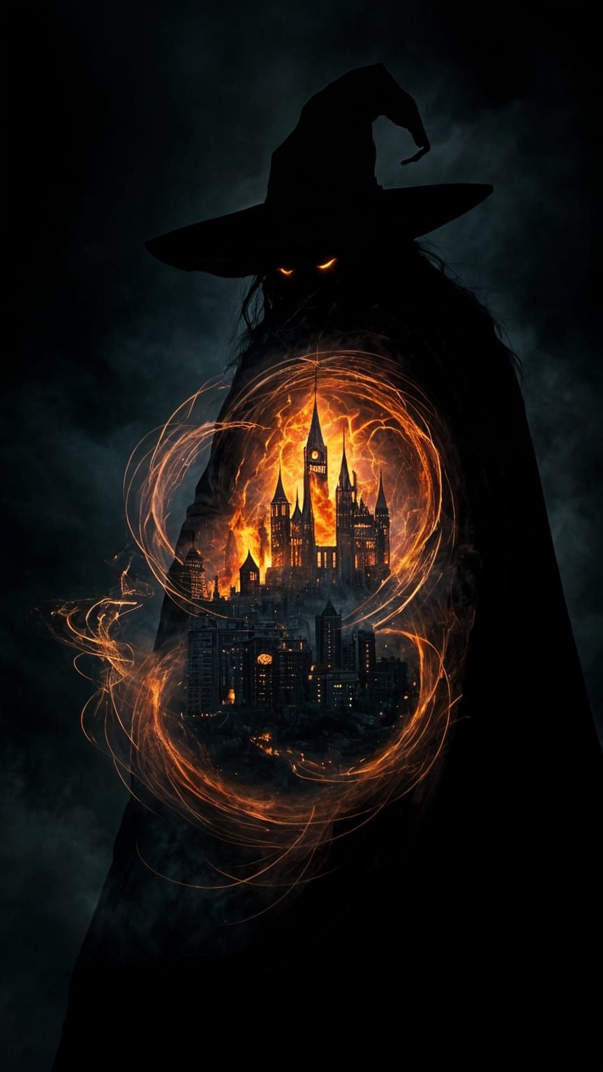 Sinister Wizard Silhouette with Burning City