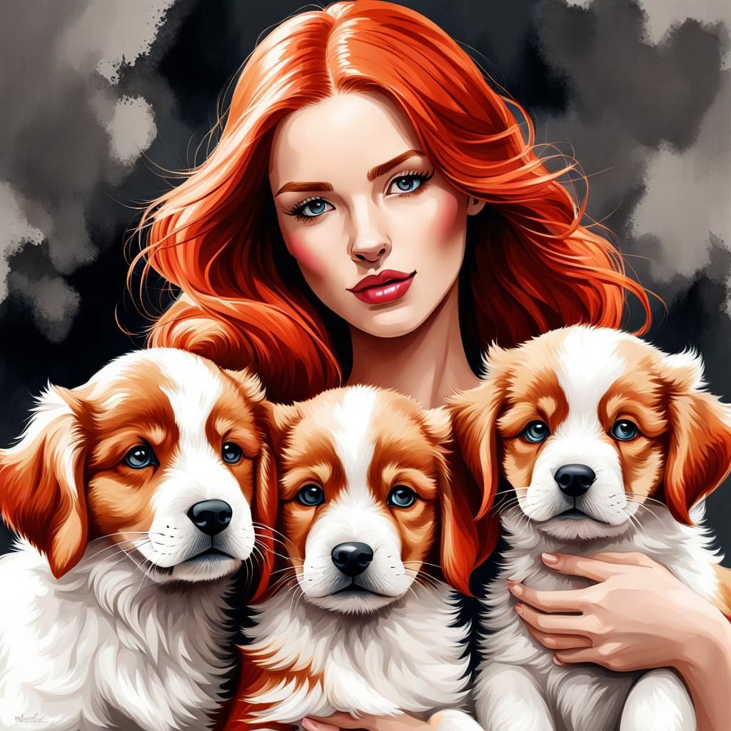 Redhead woman with dogs