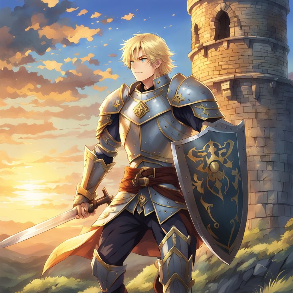 Paladin with Shield at Castle Sunrise in Anime Style