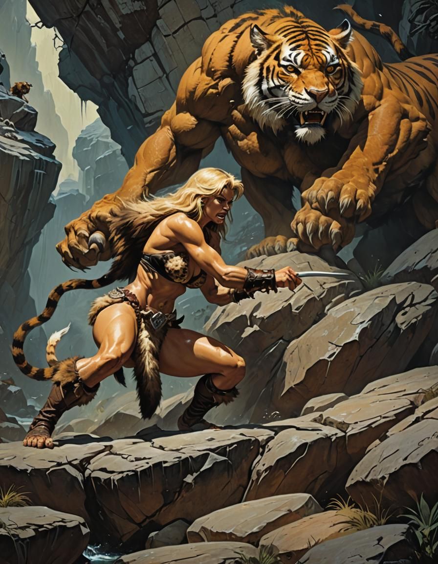 Sabretooth Tiger Pouncing on Cavegirl, Dark Fantasy Art