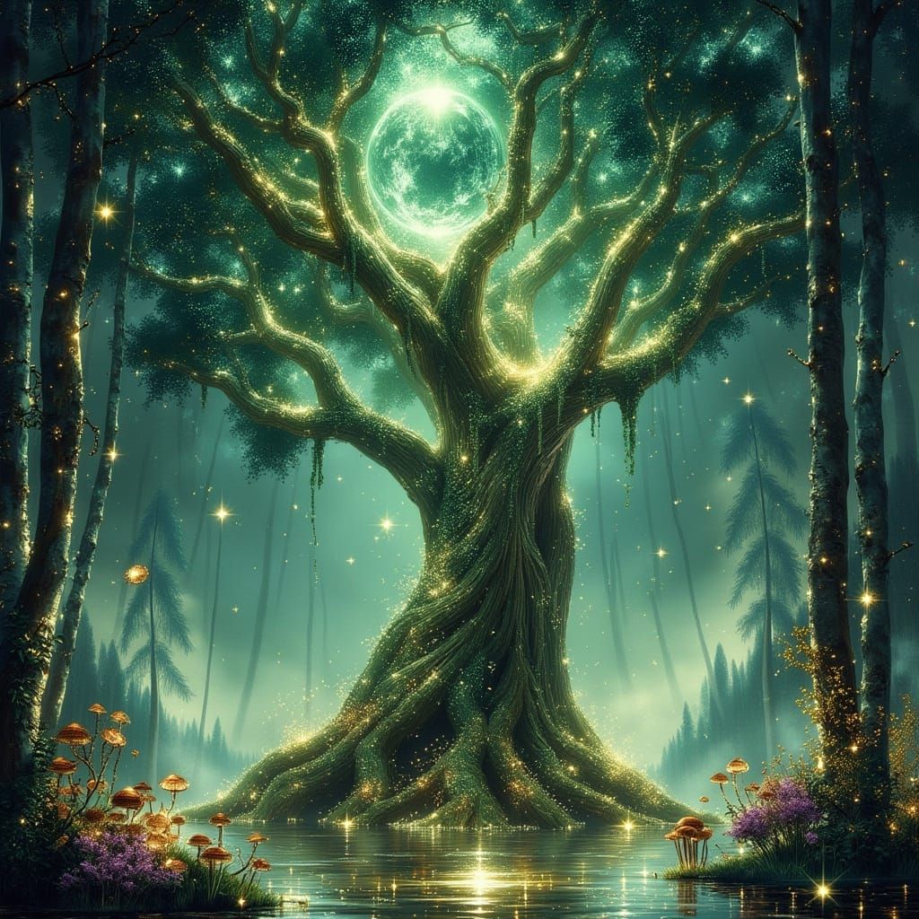 Ancient Magic Tree with Moonlit Sky