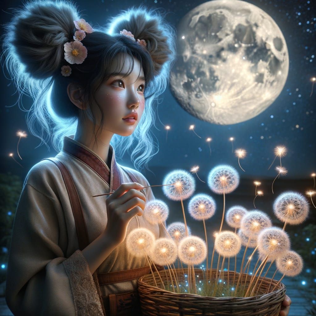 Asian Woman Holds Basket of Glowing Dandelion Fairies Under ...