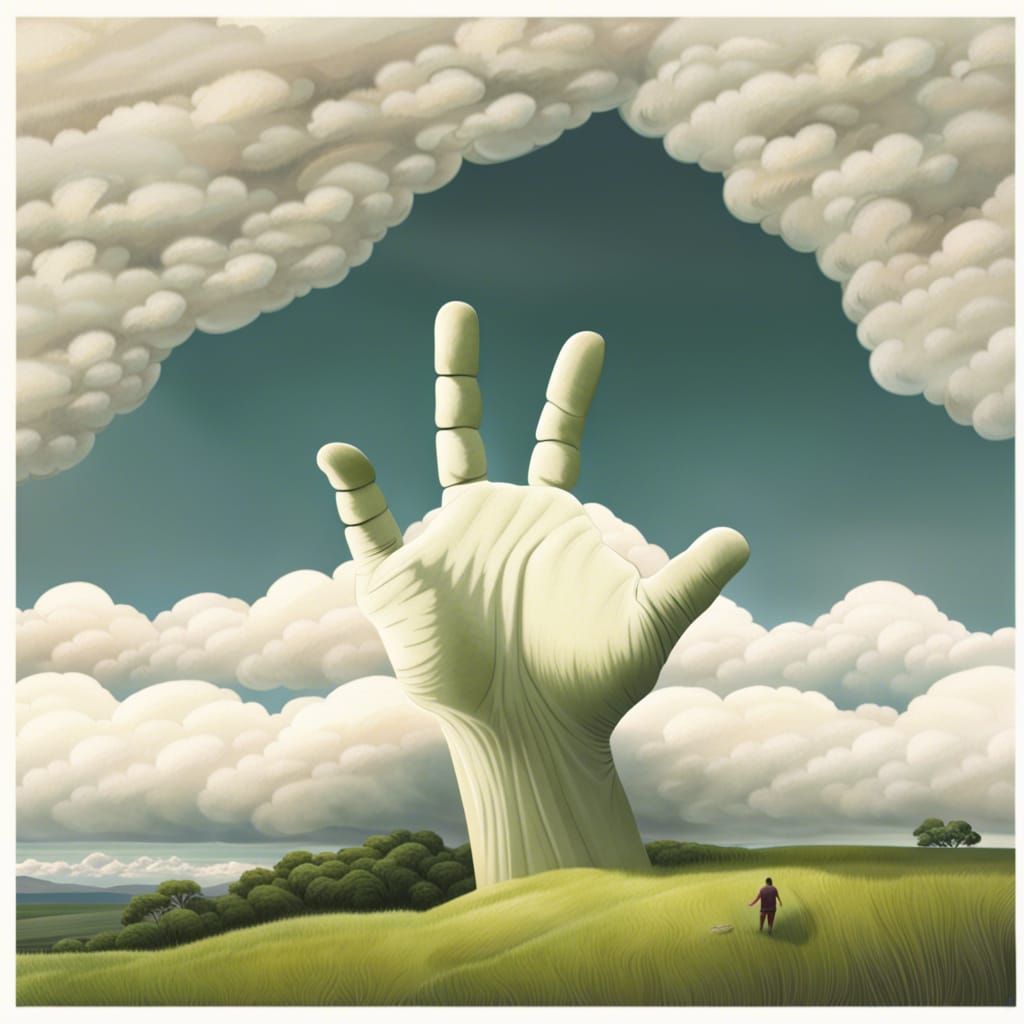 Gigantic Hand Emerges From Clouds Over Plains