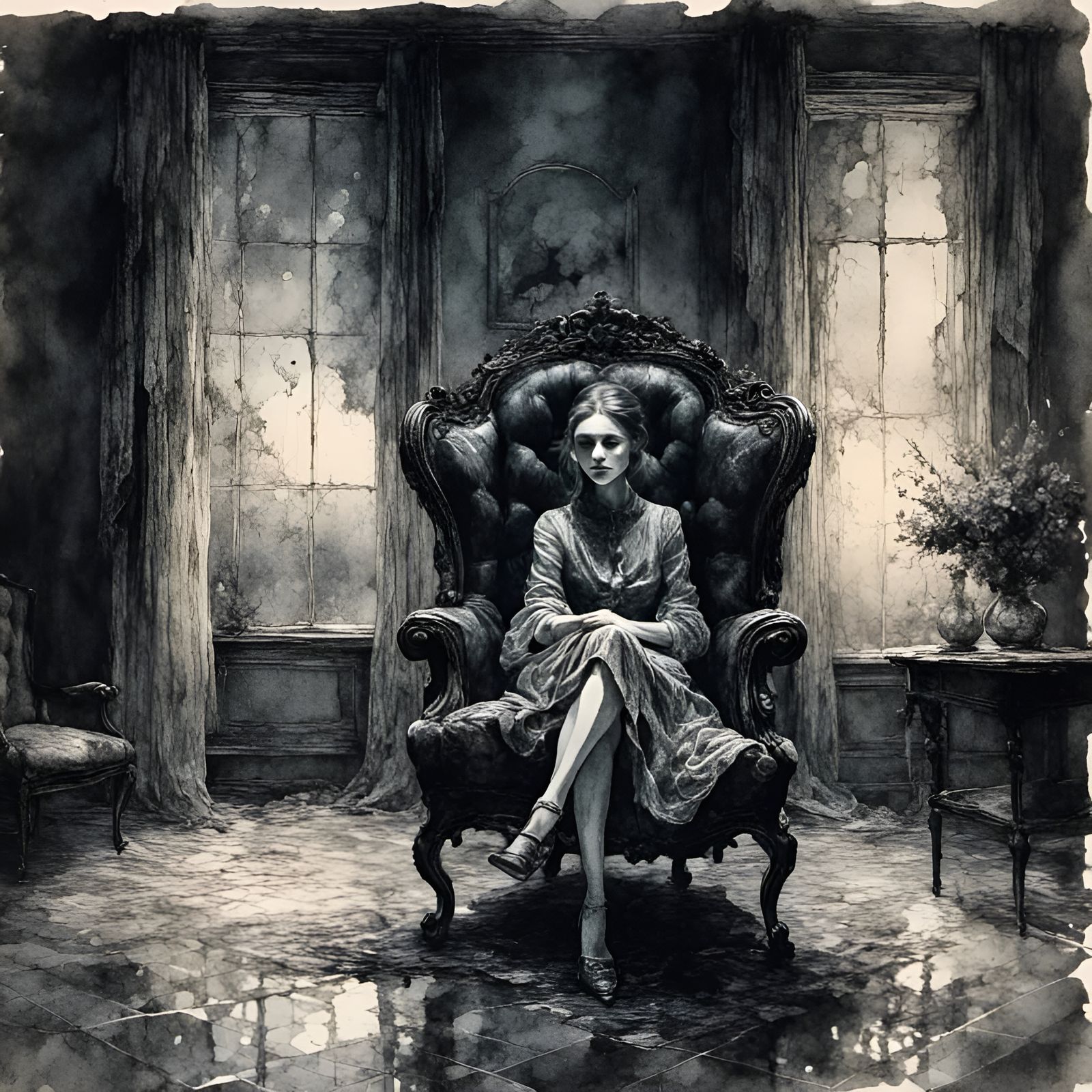 Hyperrealistic Woman in Shadowed Room, Watercolor Style