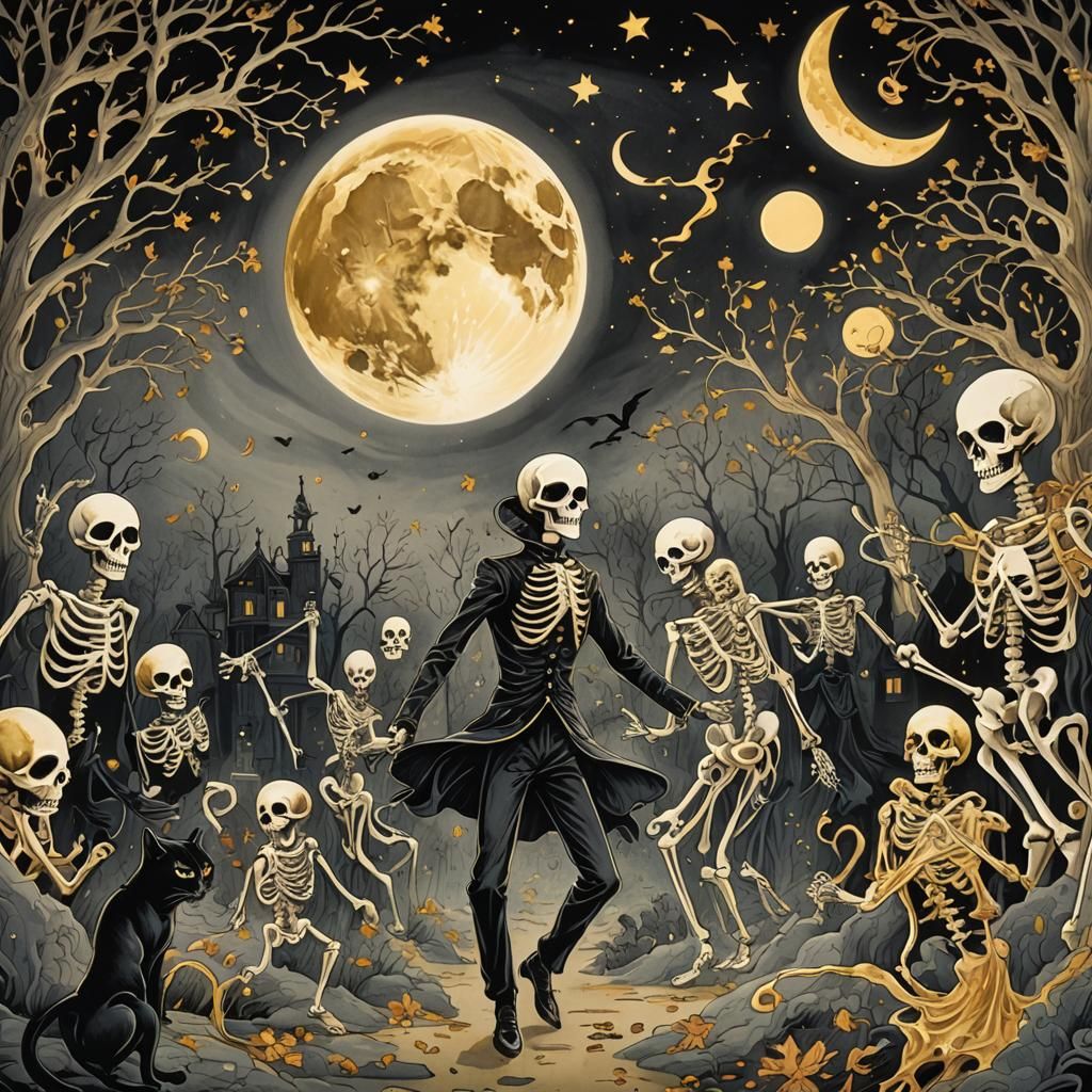 Whimsical Ink Illustration of Dancing Ghosts in Moonlight