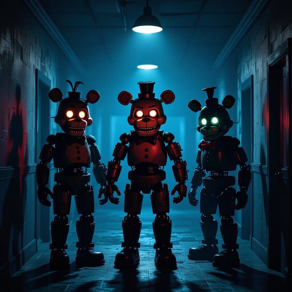 Menacing Animatronics in Dark Hallways: FNAF 2 Concept Art