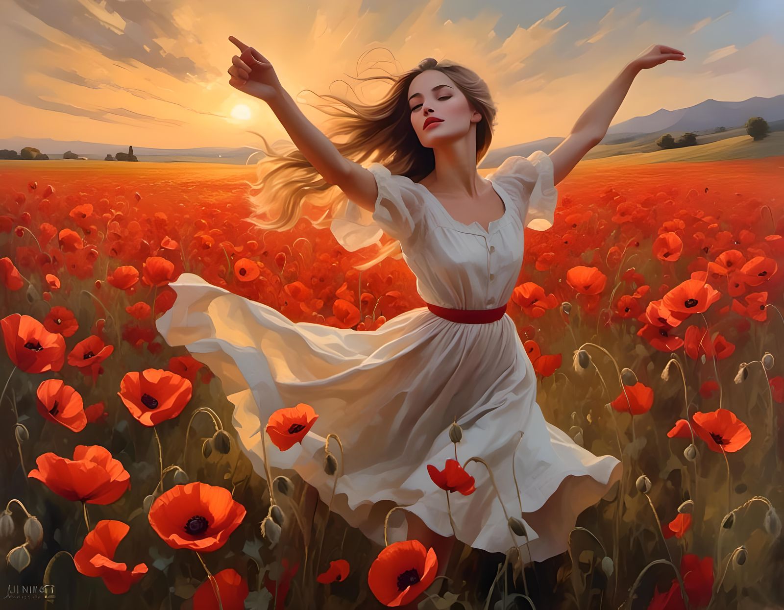 Golden Hour Dance Among Poppy Fields