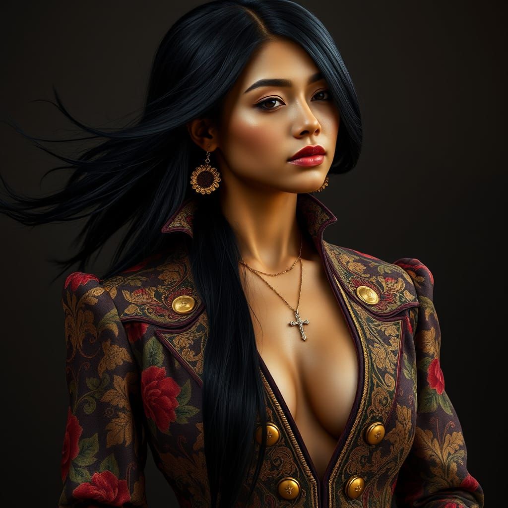 Elegant Panamanian Woman in Ornate Gothic Jacket