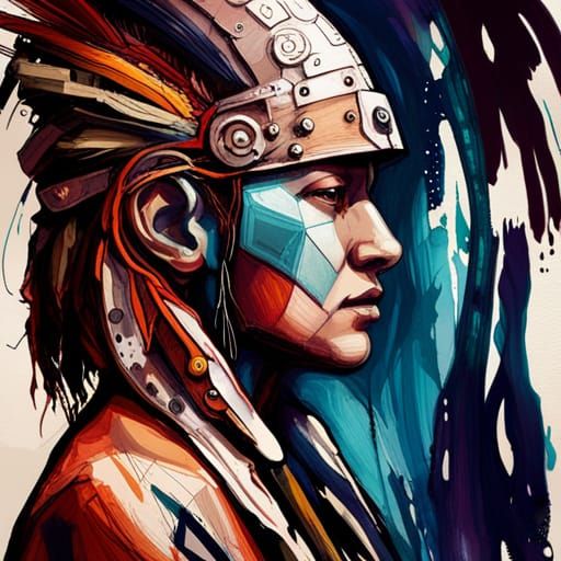 Cybernetic Mayan Warrior in Atompunk Style