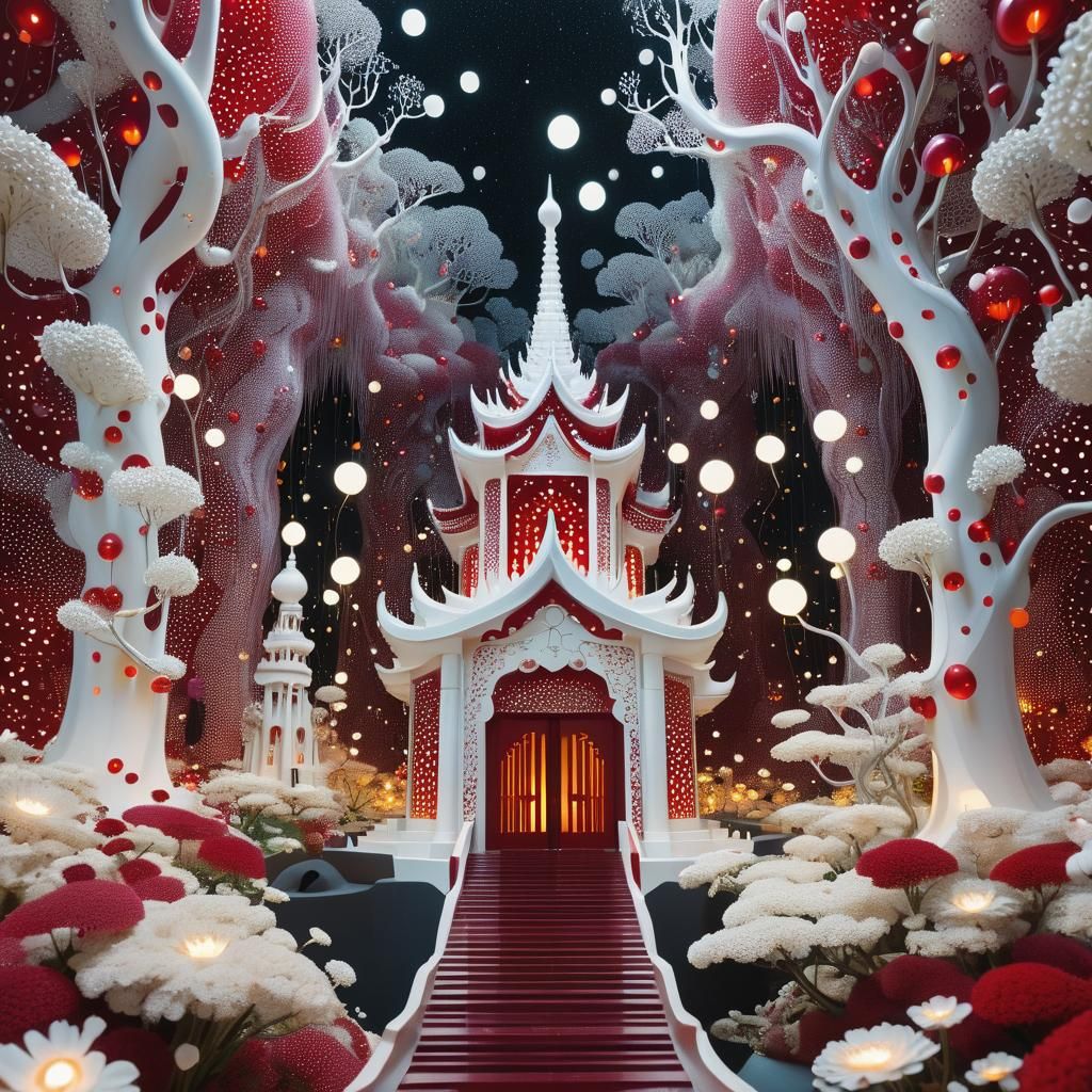 Surreal Temple with Glowing Flowers and Lights