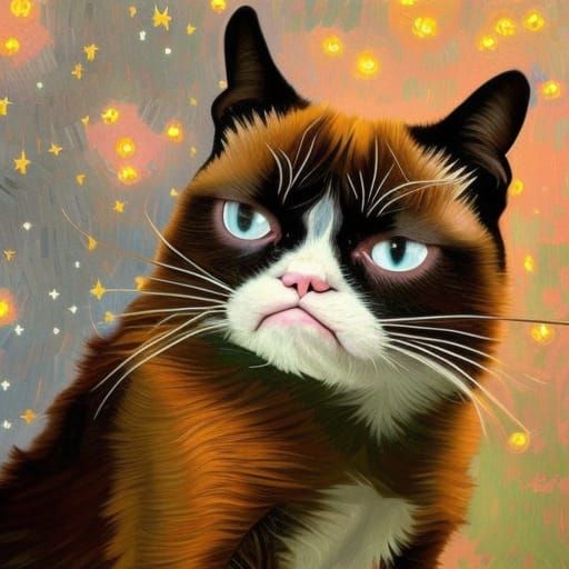 Grumpy cat, starry night