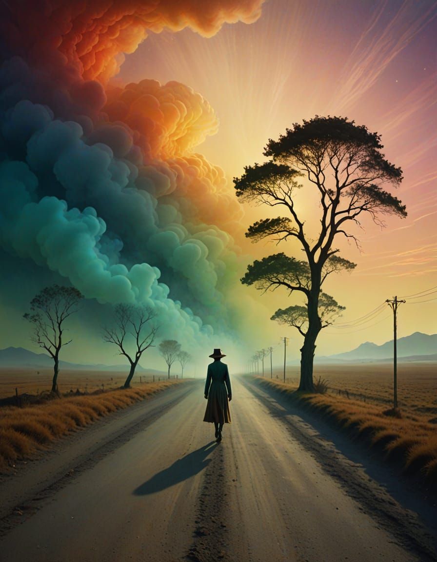 Mystical Figure on Surreal Road in Vibrant, Iridescent Color...