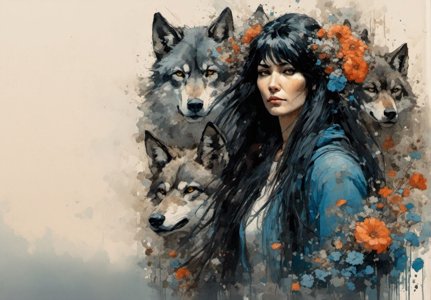 Gothic Punk Woman Surrounded by Wolves as Impasto Painting