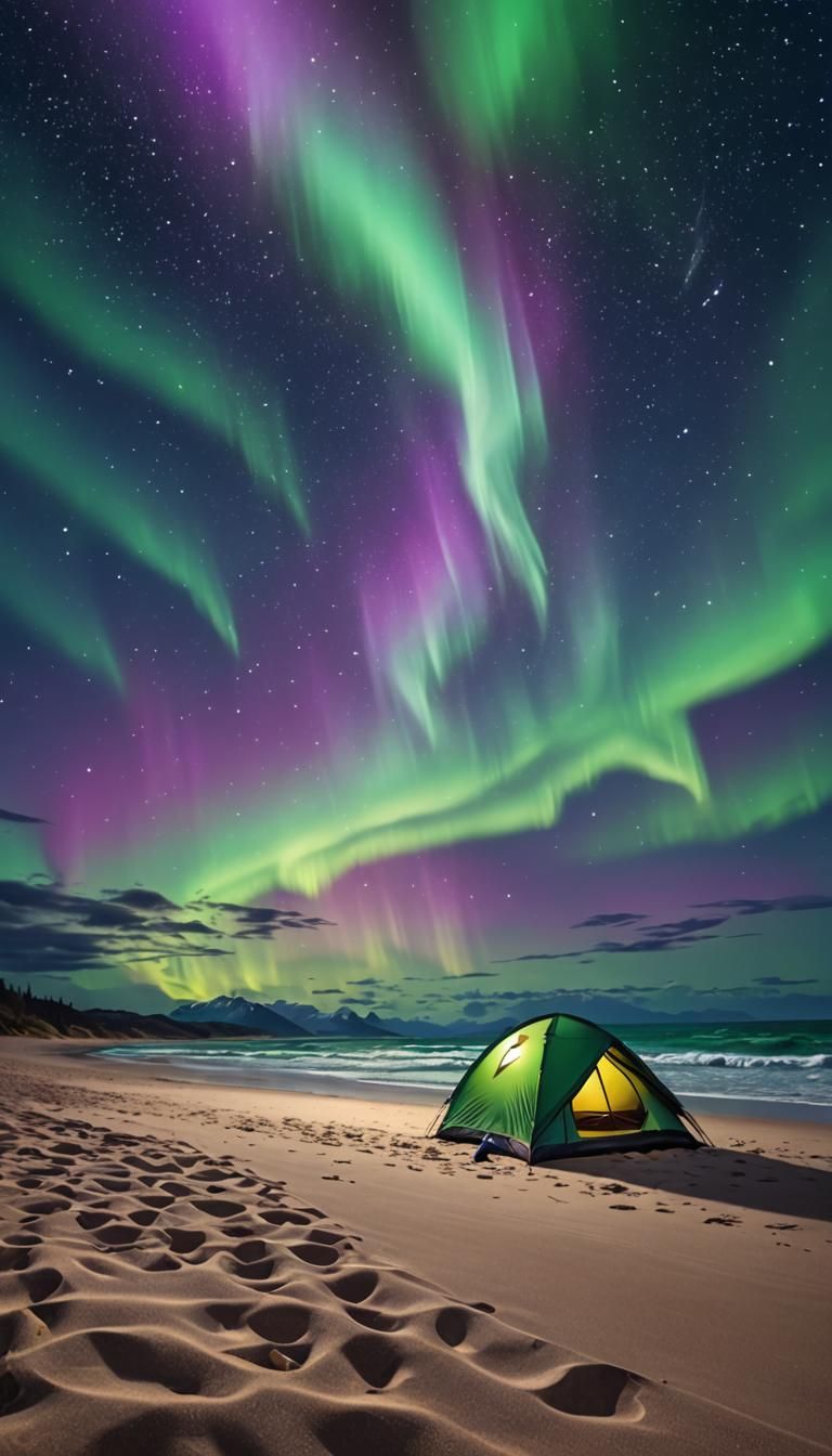 Aurora Borealis Over Beach Camping at Dusk