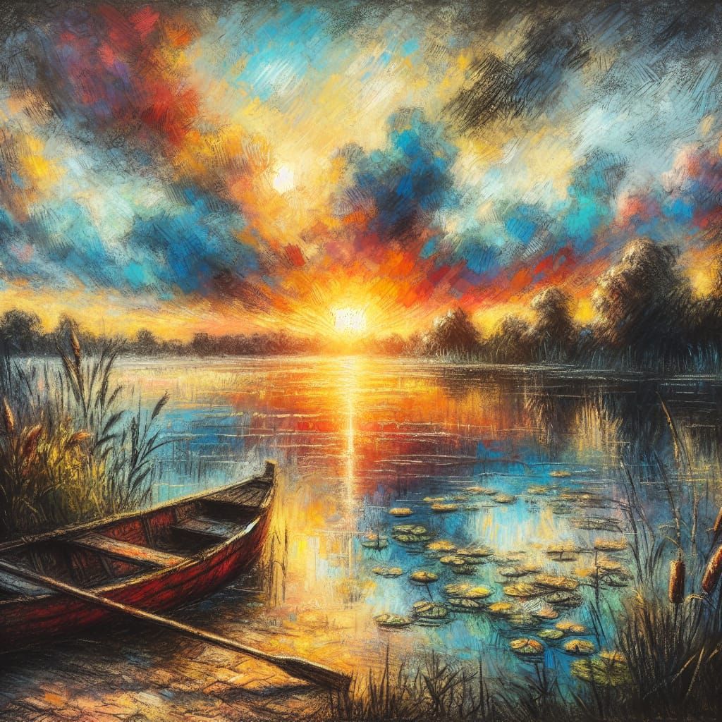 Sunset Lake: Painterly Charcoal Sketch of Tranquility
