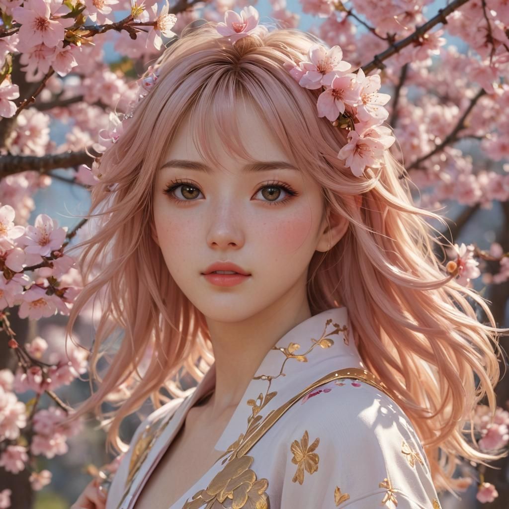 Anime Girl in Cherry Blossoms: 3D Art