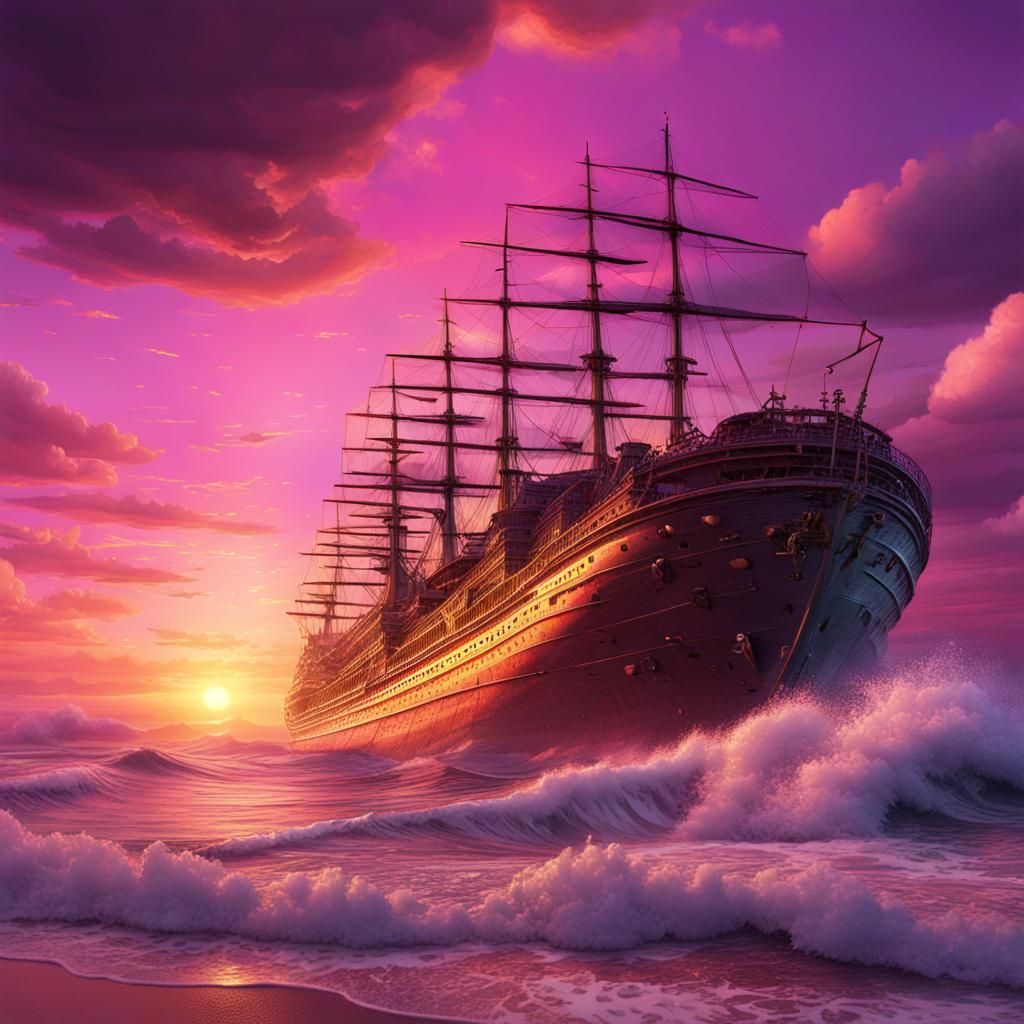 Giant Ship in Sunset Beach Storm