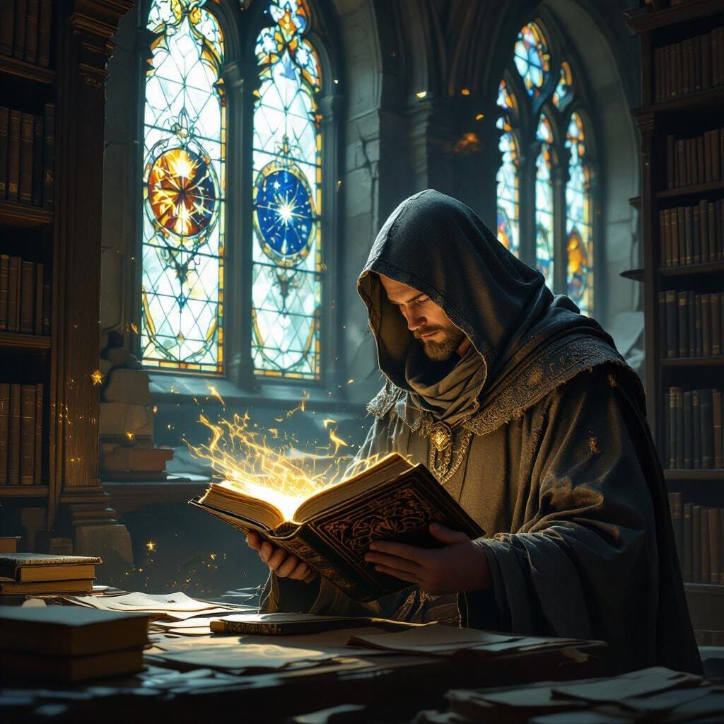 Scholar Studies Glowing Tome in Ancient Library