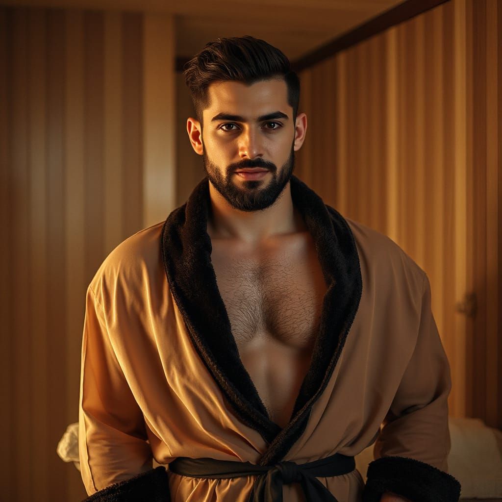 Arab Man in Sauna with Velvet Robe