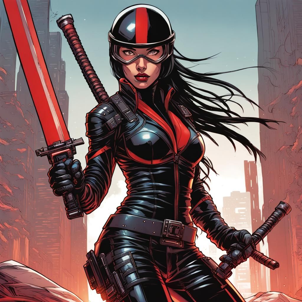 Female Ninja Assassin in Armored Suit, Comic Book Art