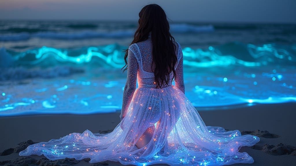 Bioluminescent Woman Kneeling on Beach in Bodysuit