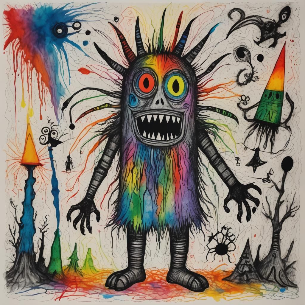 Child's Surreal Crayon Drawing with Rayograph Objects