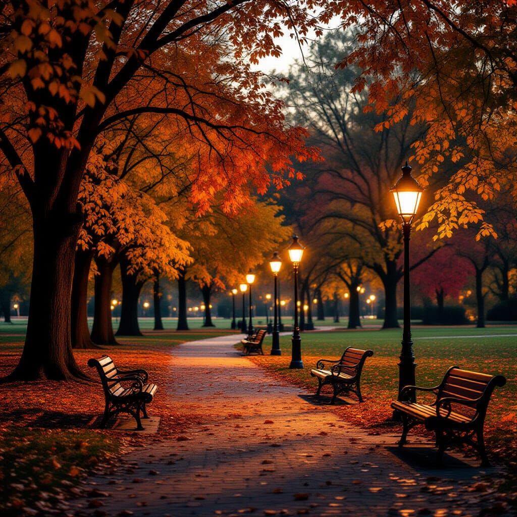 Serene Autumn Park Evening with Gas Lamps