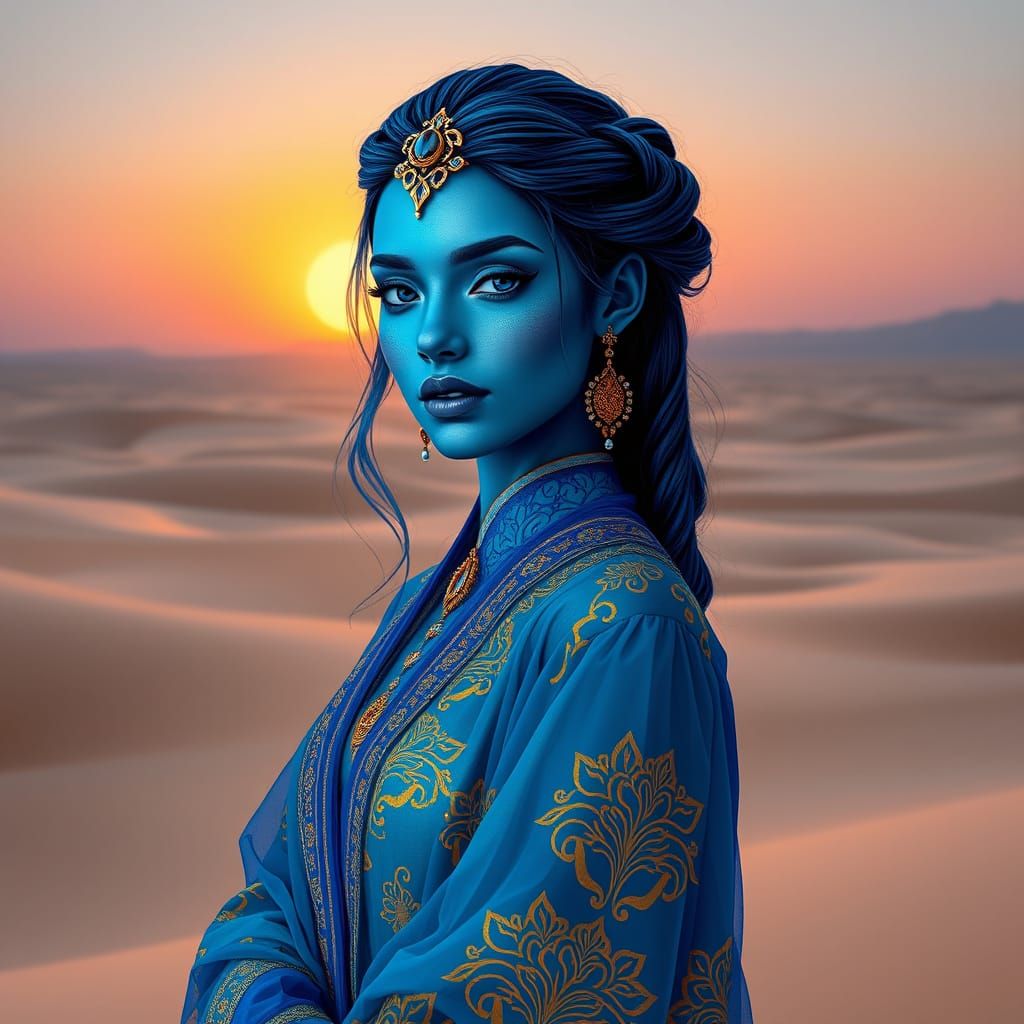 Majestic Blue Jinn in Desert Landscape: Pop Art
