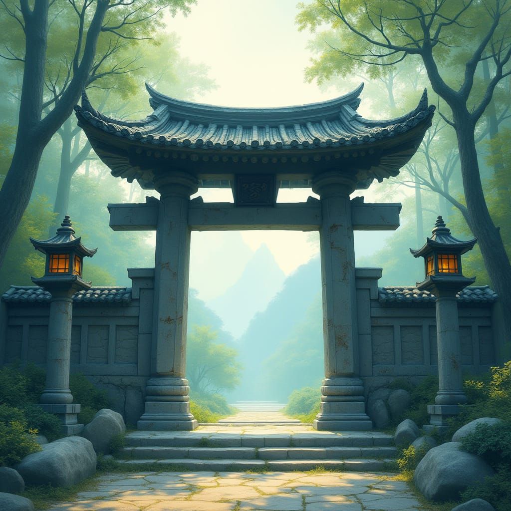Mystical Japanese Temple Gate in a Dreamy Forest Landscape