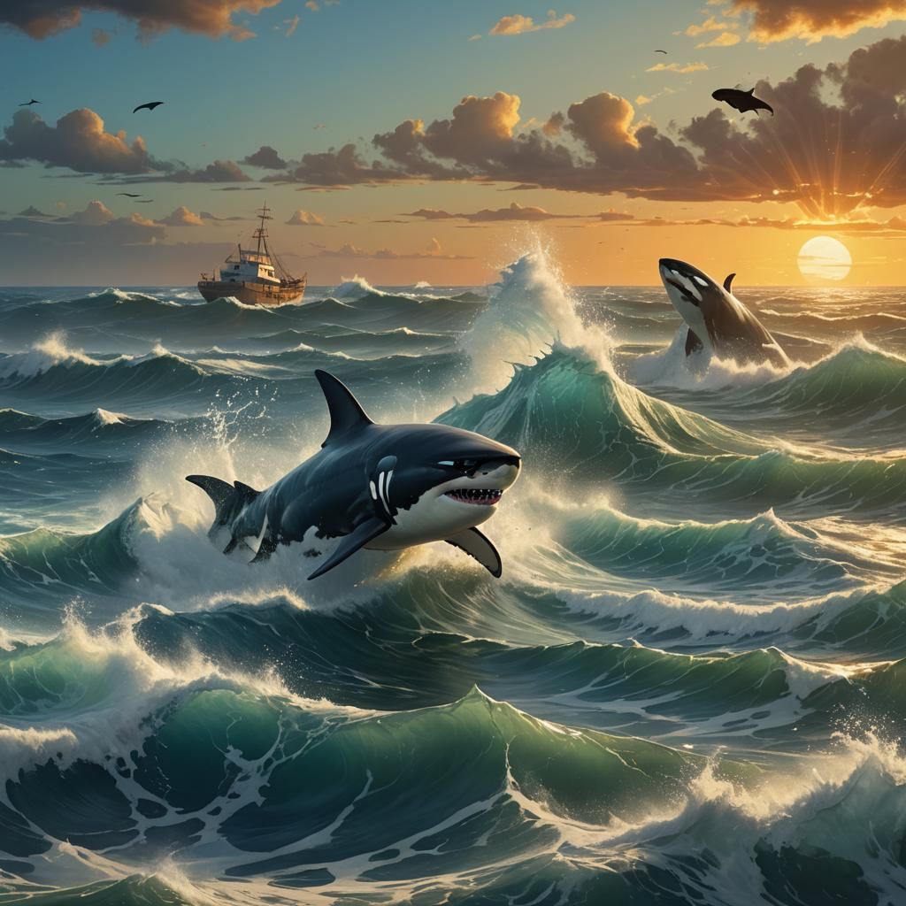 Shark Attacks Orca in Rough Sea: Fantasy Concept Art