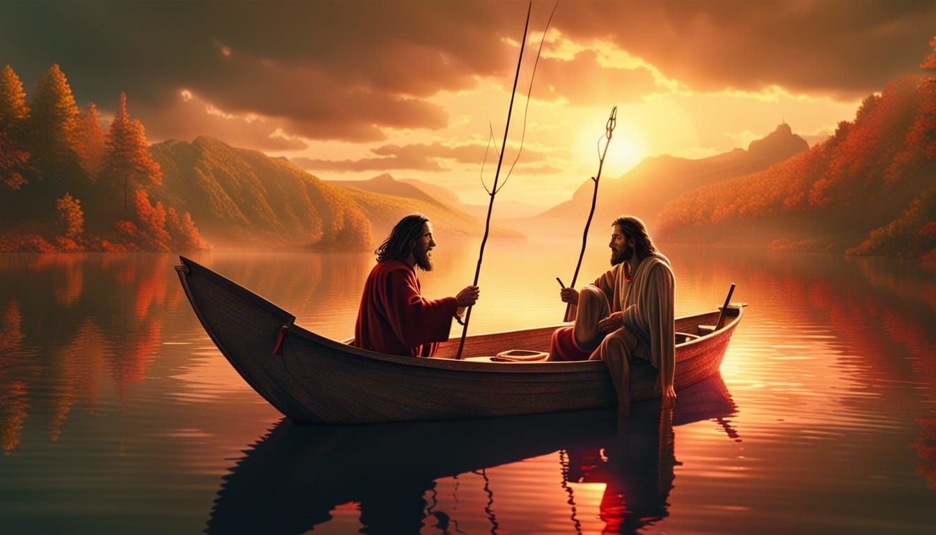 Surreal: Satan and Jesus Fishing on a Lake