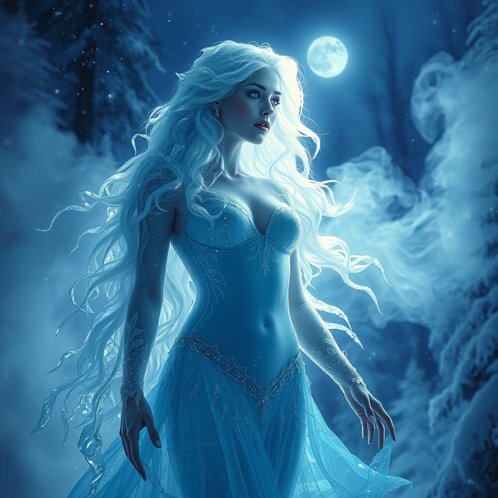 Crystal Goddess Shines Bright in Snowy Forest at Night