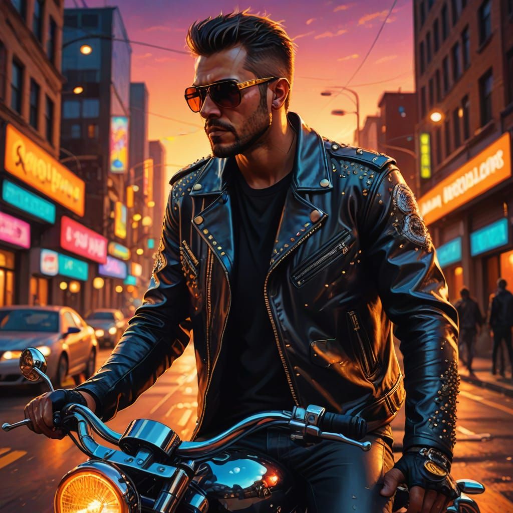 Biker in City Street at Sunset: Vibrant Digital Art