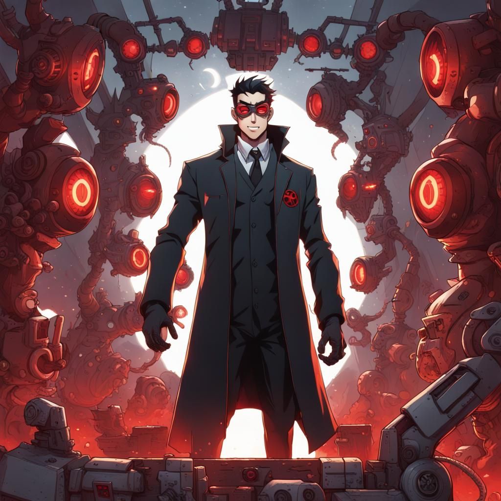 Sinister Anime Supervillain with Robot Minions