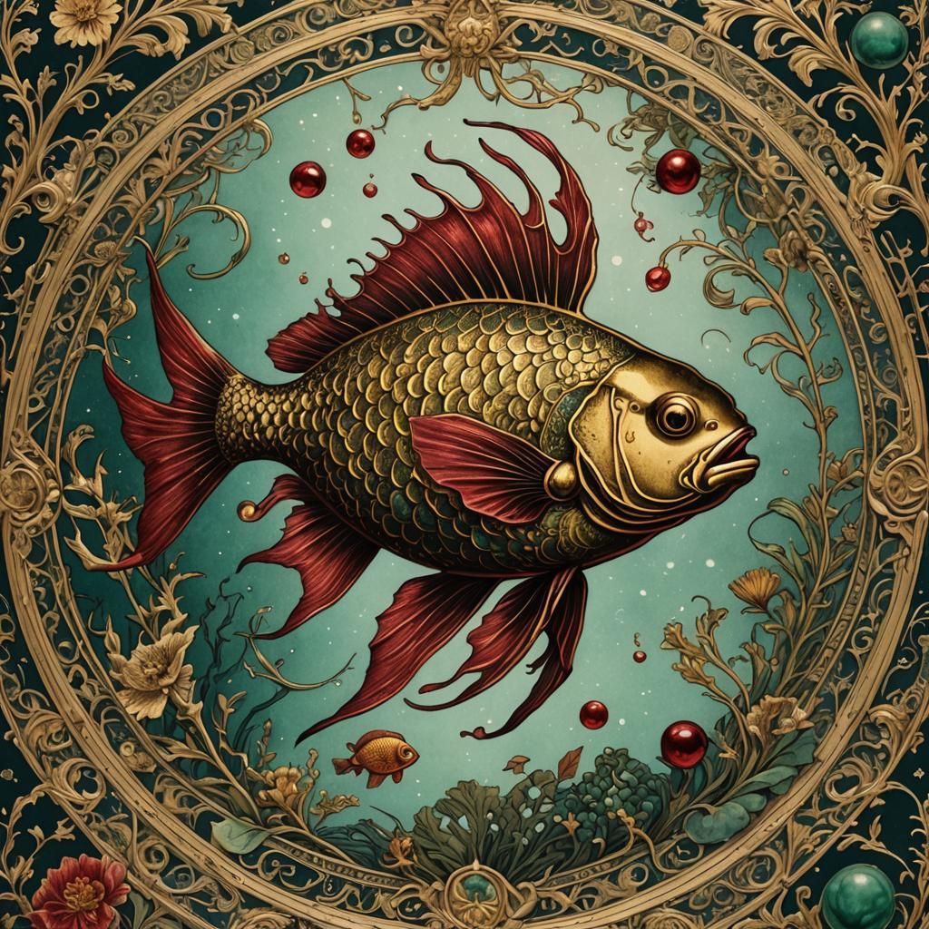 Botanical Etching of Pisces with Filigree Details