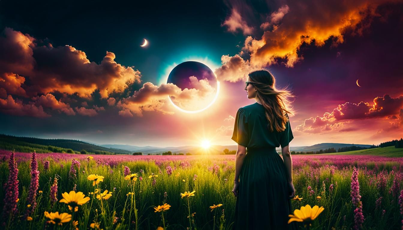 Woman in Meadow Gazing at Solar Eclipse
