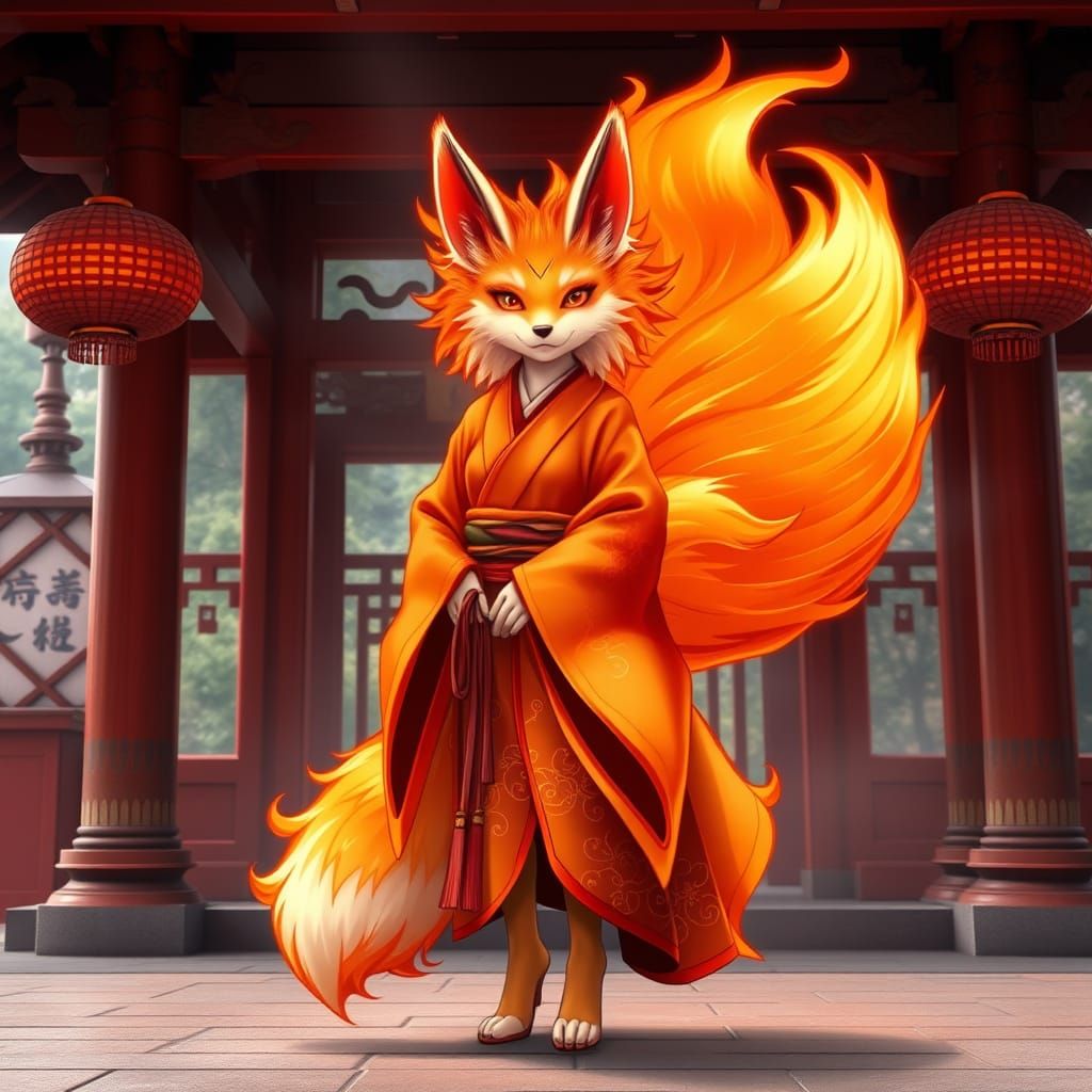 Flame Kitsune in Temple Kimono