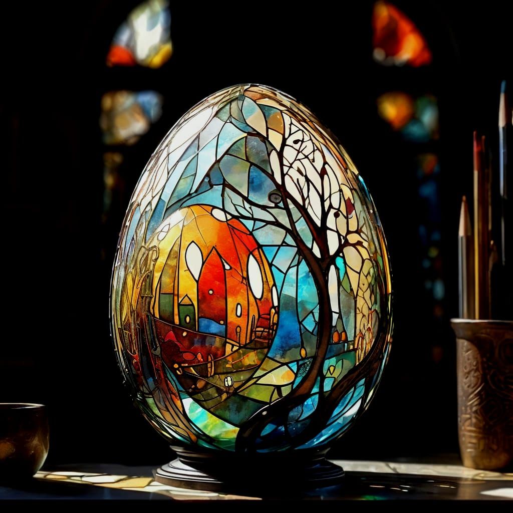 Surreal Stained Glass Egg in Vibrant Art Brut Style