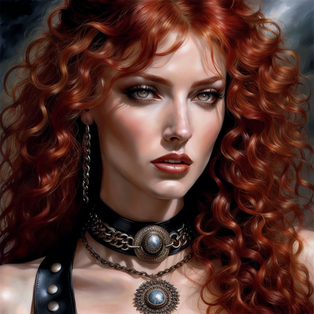 Gorgeous Woman with Red Hair in Leather Collar