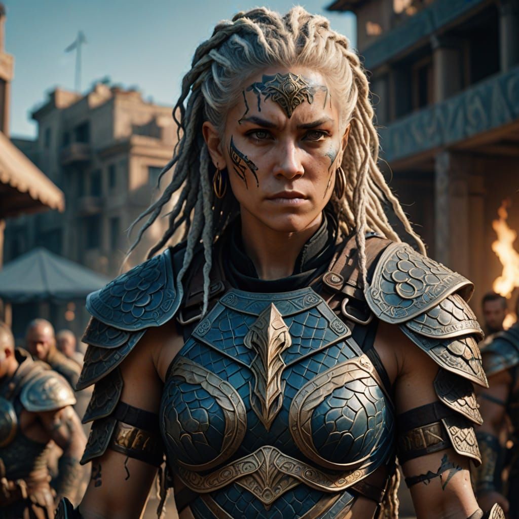 Hyperrealistic Greek Warrior Supervillain with White Dreadlo...