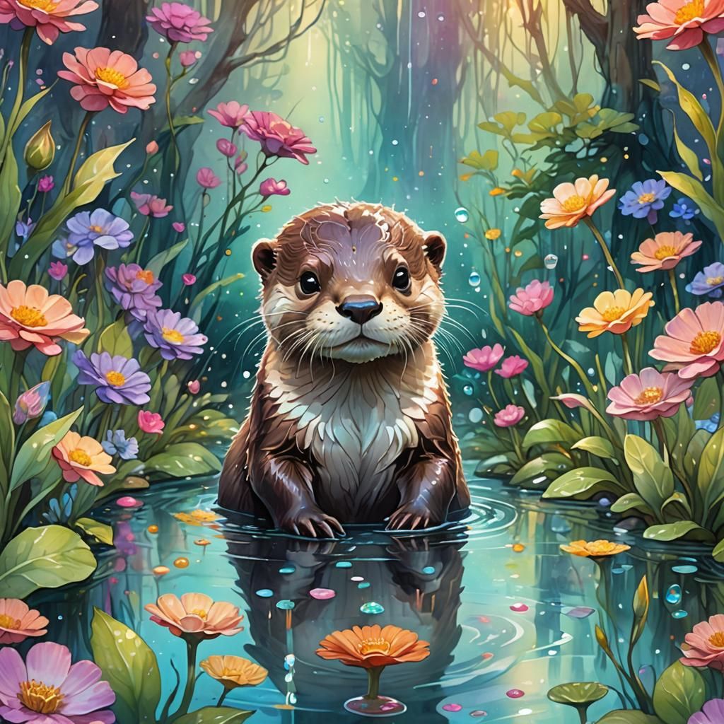 Adorable Otter in an Enchanted Flower Forest
