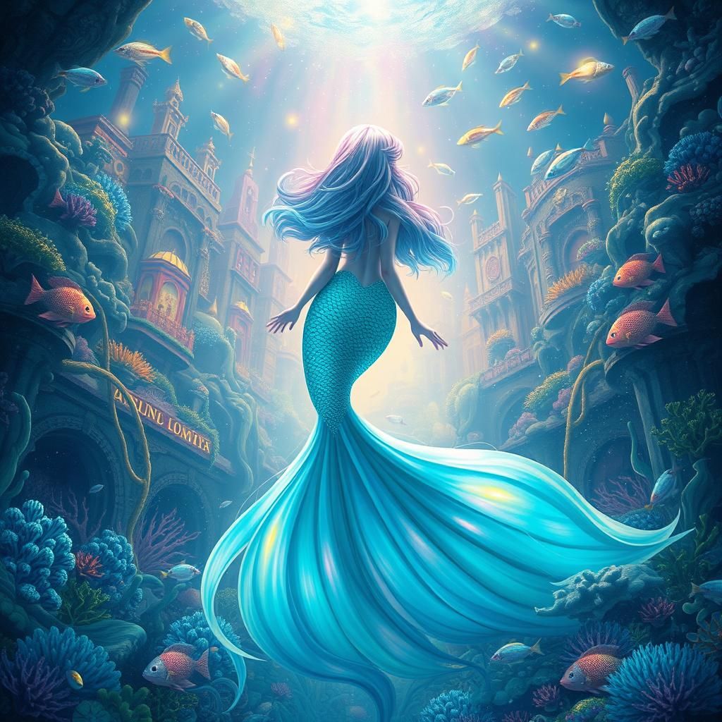 Iridescent Mermaid in Underwater City, Ethereal Art