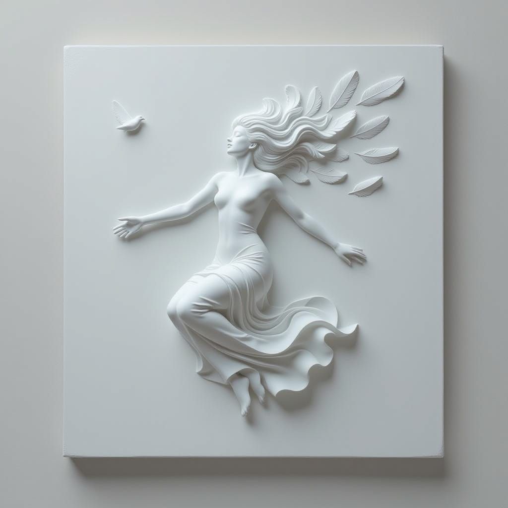 Surreal White Relief Sculpture of Levitating Figure in Void