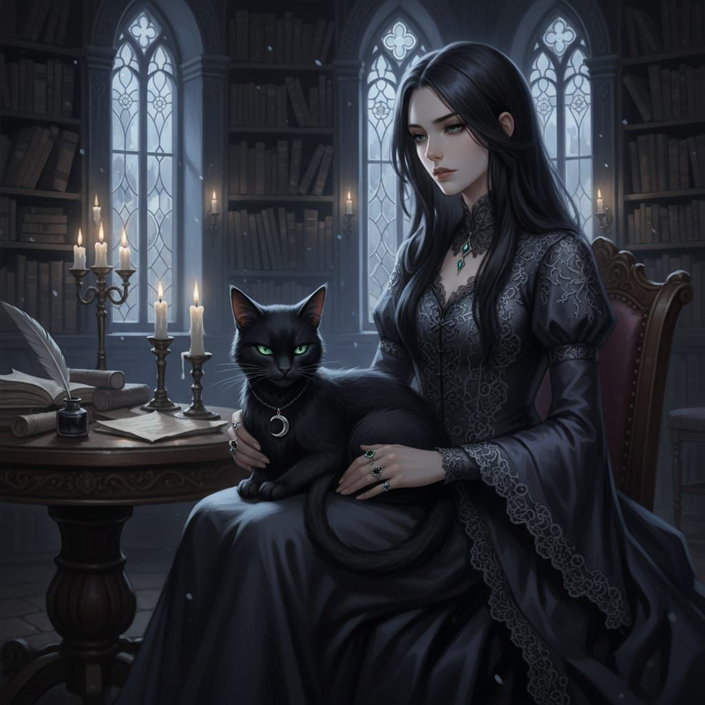 Gothic Cat and Owner in Antique Library