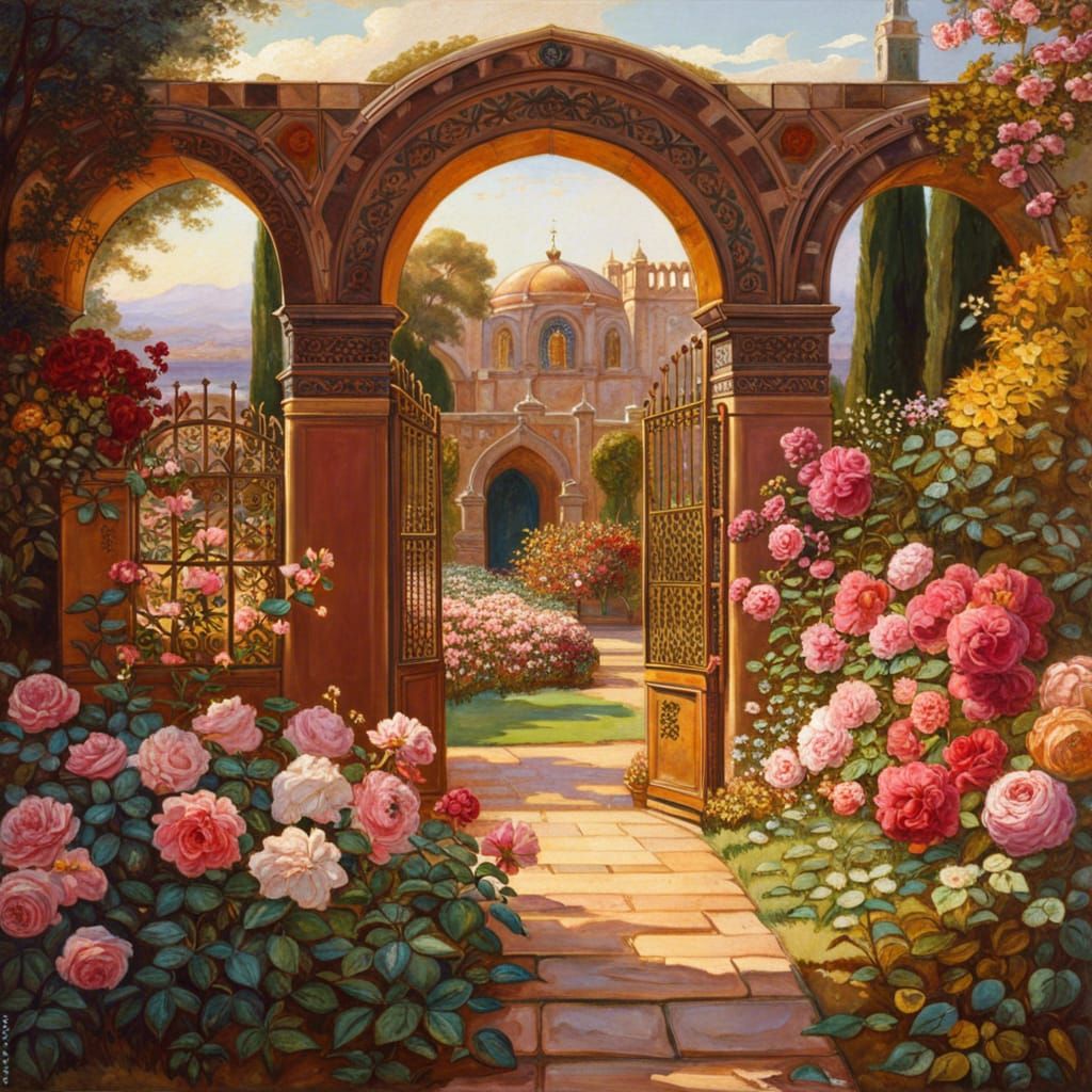 Rose Garden in Full Bloom: Waterhouse Style