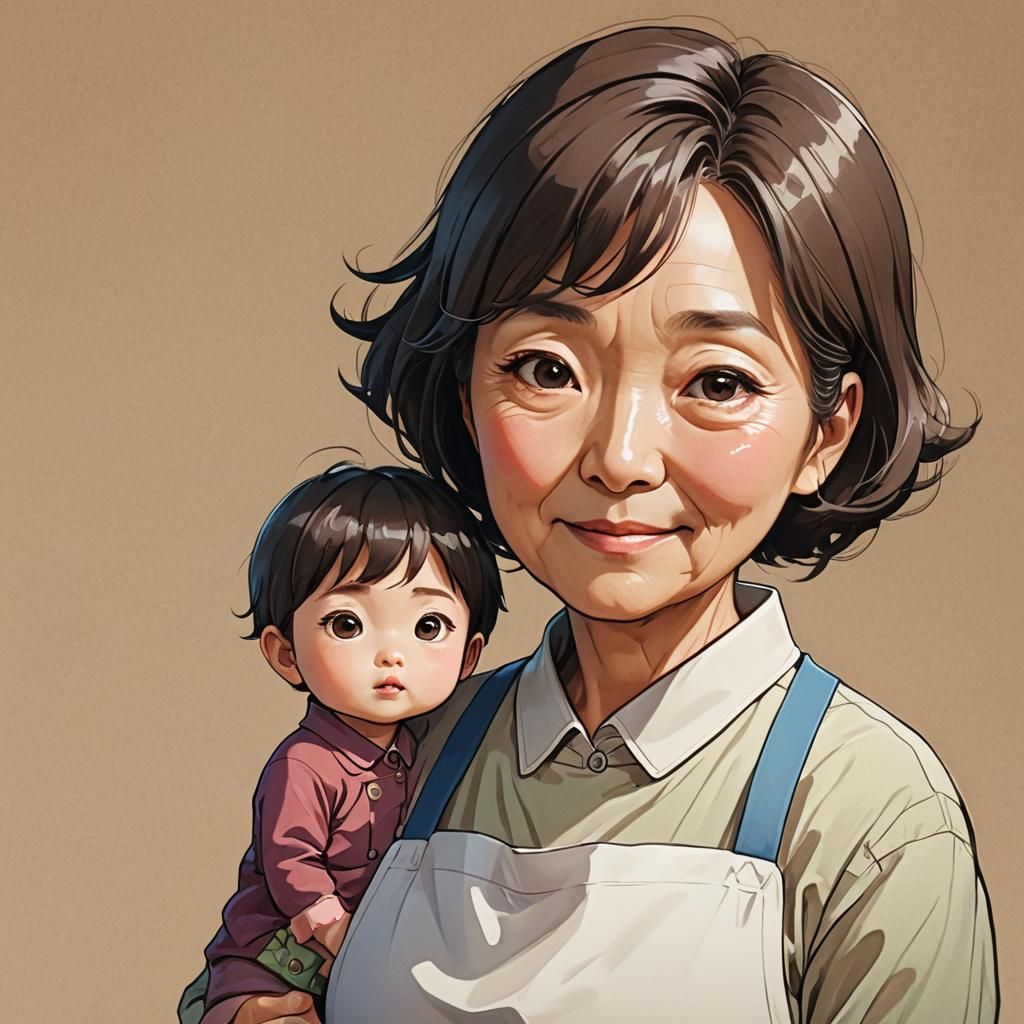 Chibi Portrait of a Loving Korean Mother in Anime Style