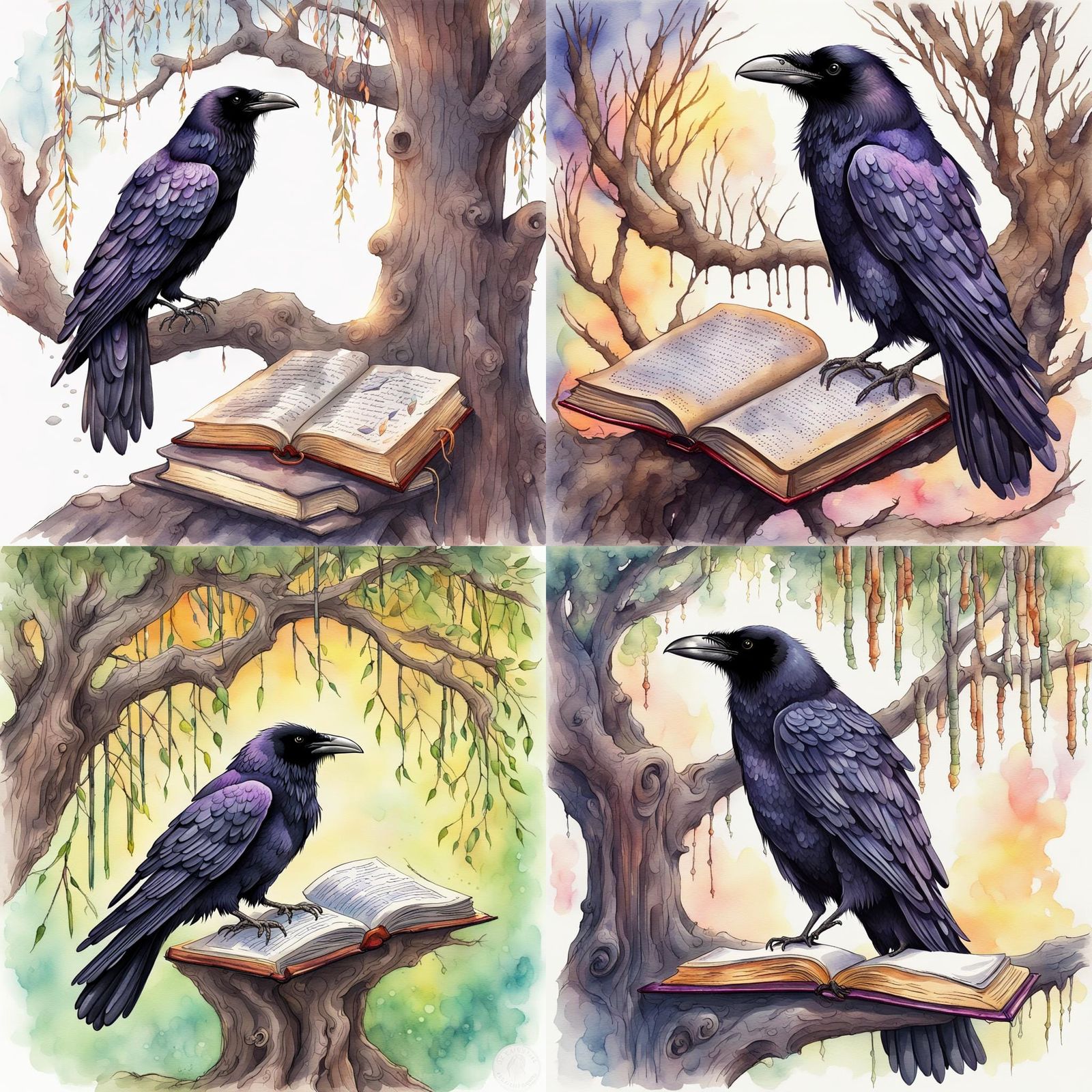 Raven Reading Magic Book in Watercolor Style