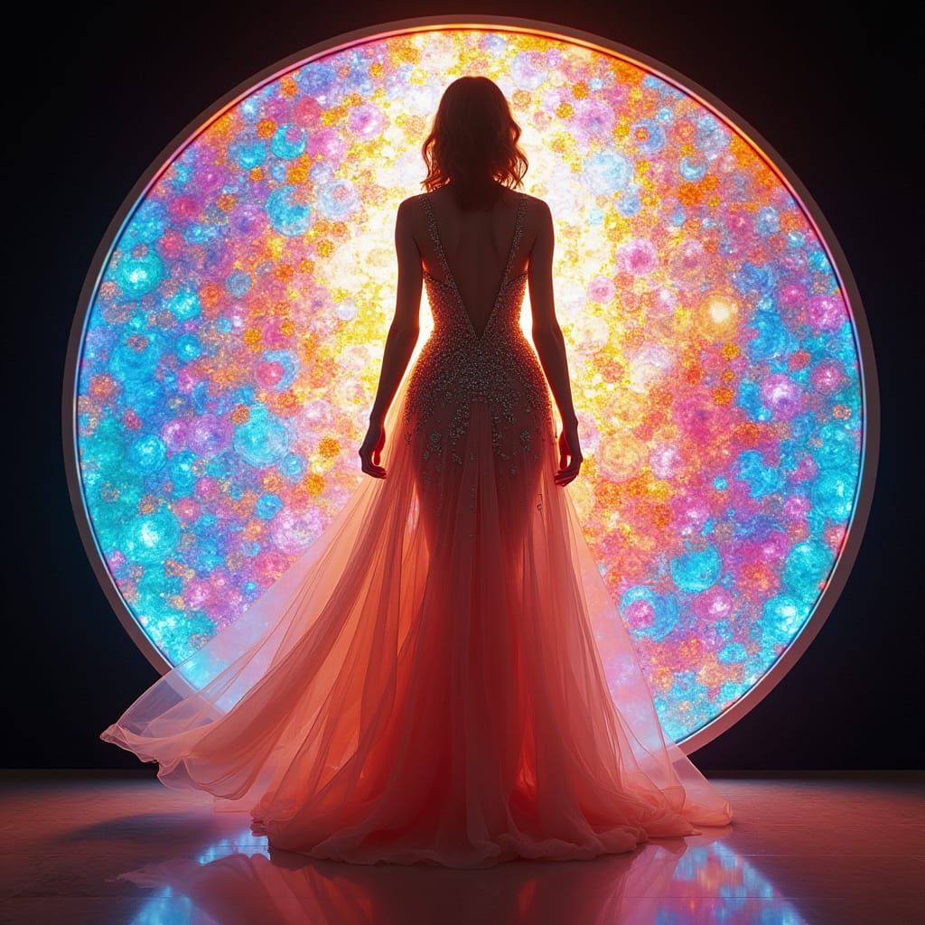 Neon Stained Glass Circle: Iridescent Gown in Fantasy Art