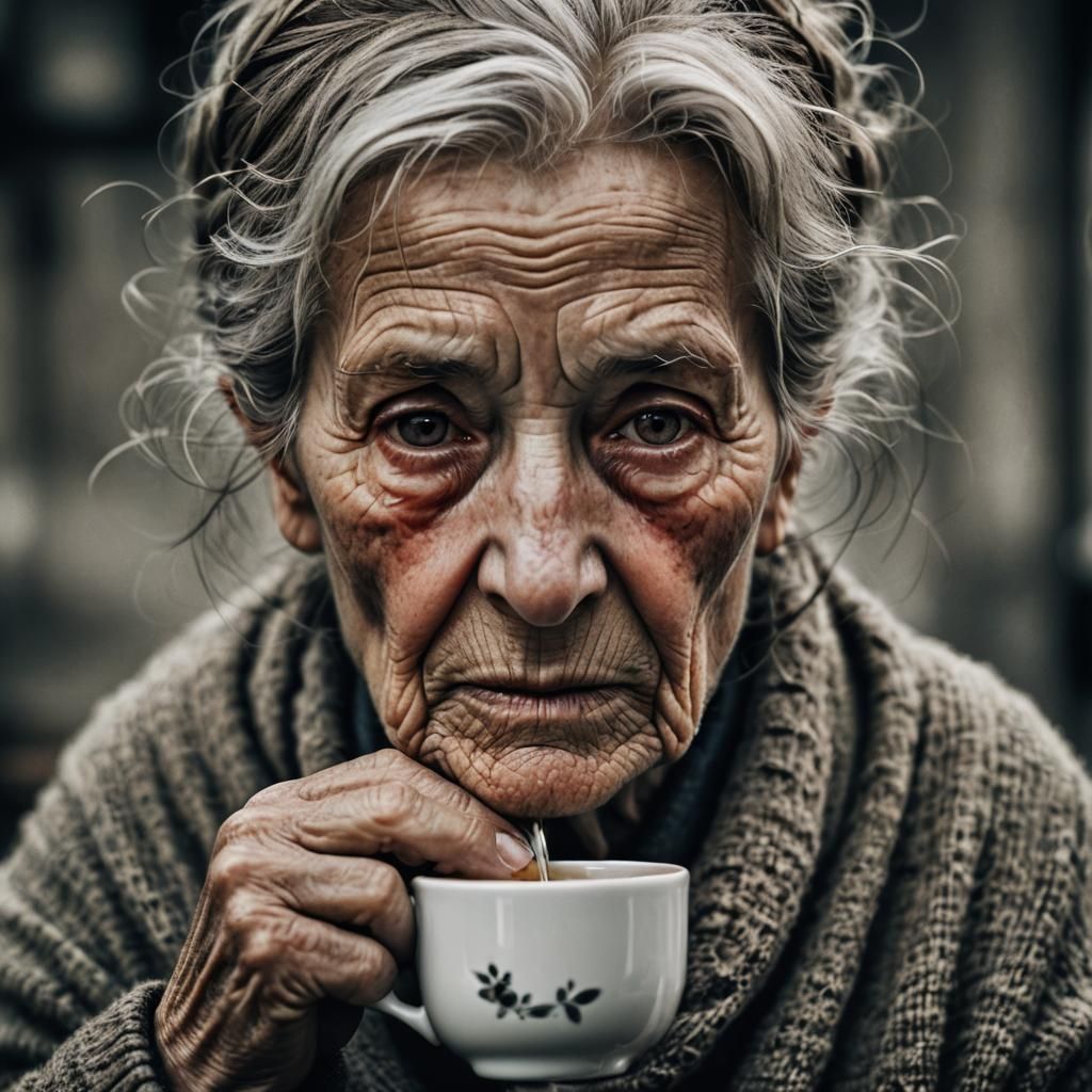 Intimate Portrait of Old Woman Drinking Tea