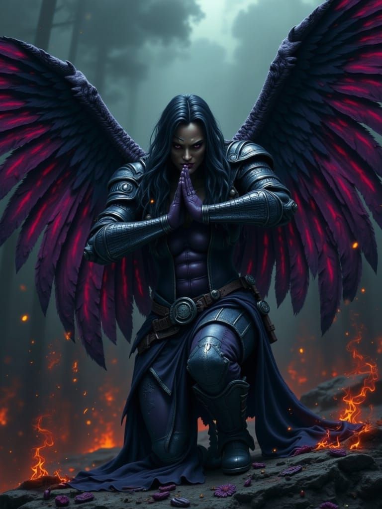 Dark Angel Kneeling at Gates, Immersed in Fierce, Smoky Hues